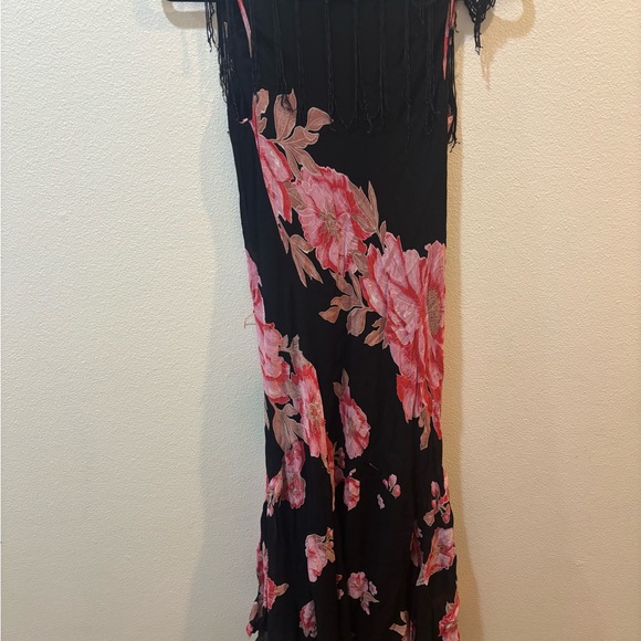 Vintage Whimsigoth Boho Fairycore Black Floral Fringe Chiffon Dress Beaded - Picture 7 of 15